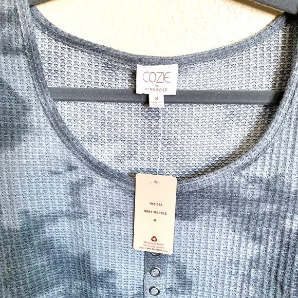 Cozie Pink Rose Grey top Tie-Dye Waffle Knit Long Sleeve Crop blouse size M boho - Picture 3 of 6